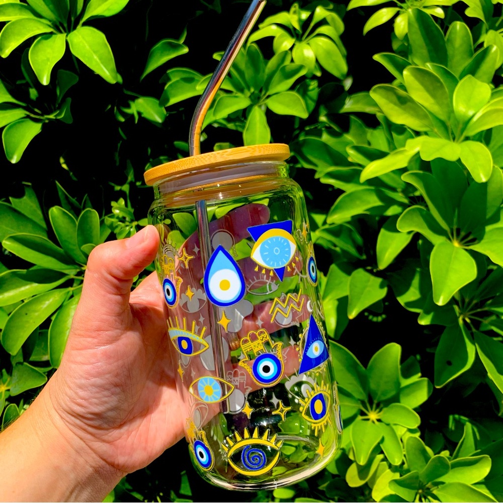 Blue Evil Eye 16oz Glass Cup